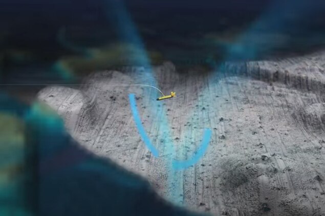 An illustration of a sonar device on the seafloor emitting radar beams. 