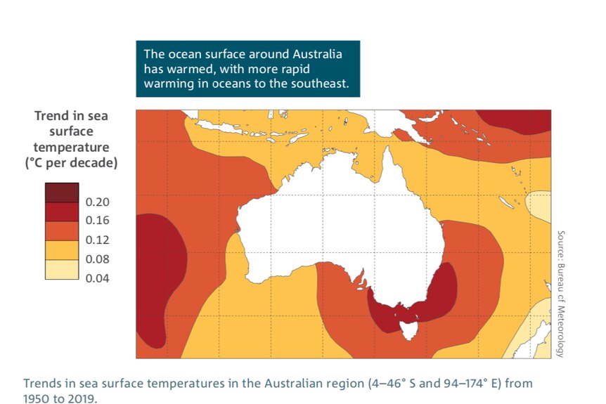 A map showing the temperatures of the seas around Australia.