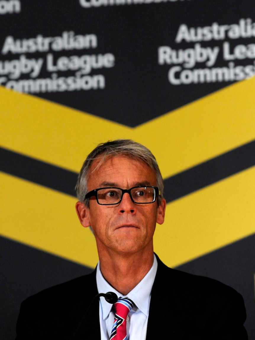 NRL chairman David Gallop speaks at the media conference to mark the commencement of the ARL Commission