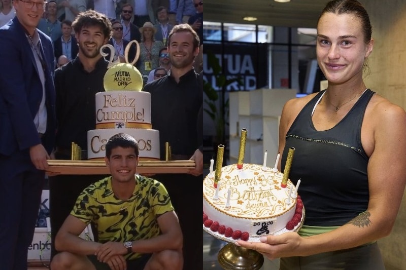 Composite image of Carlos Alcaraz and Aryna Sabalenka with birthday cakes presented to them at the Madrid Open.