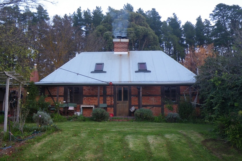 A brick house with a corrugated iron roof sits in a jungle of trees and green grass.