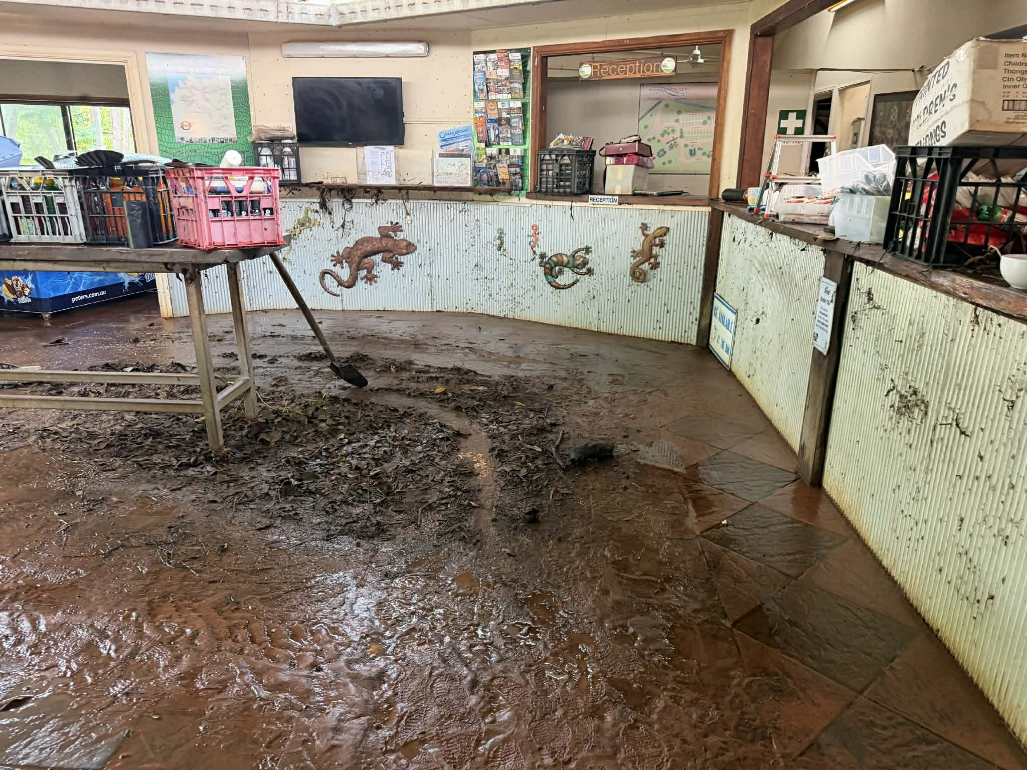 Un área de recepción llena de barro, con escombros de la inundación tirados sobre el mostrador.
