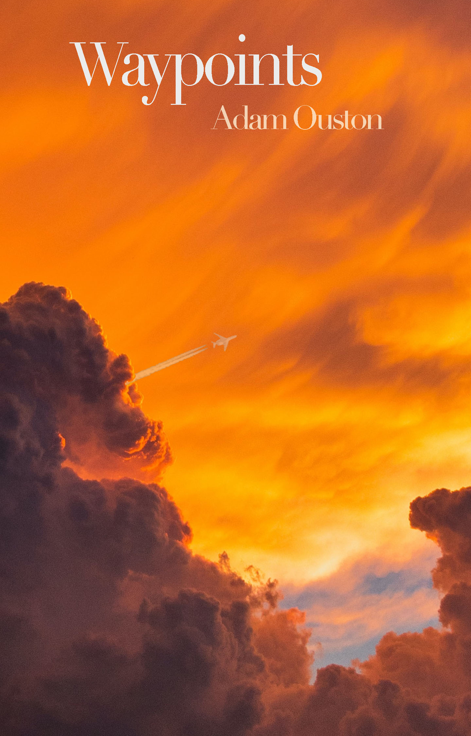 The book cover of Waypoints by Adam Ouston features a small plane flying across the sky, featuring vivid orange-coloured clouds