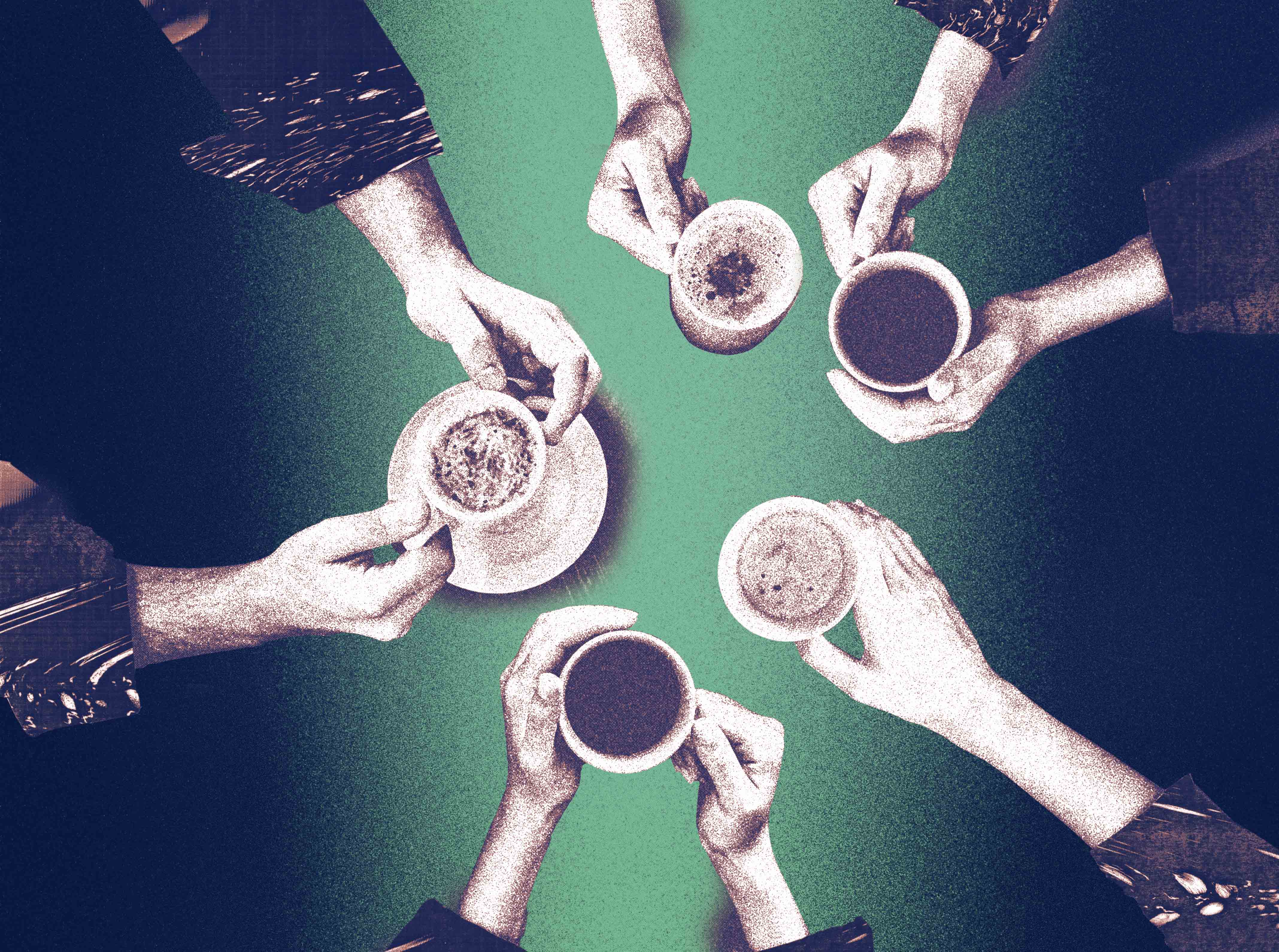 An illustration of five pairs of hands holding teas and coffees.