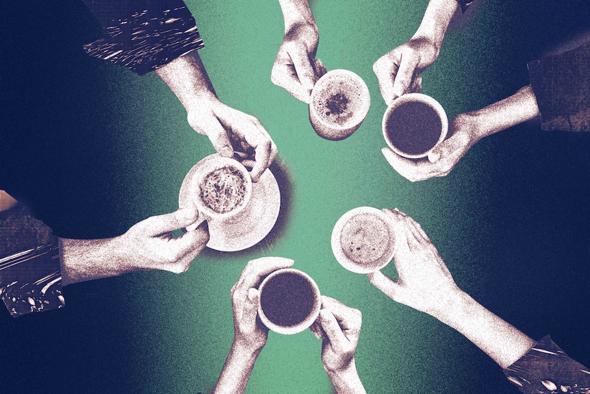 An illustration of five pairs of hands holding teas and coffees.