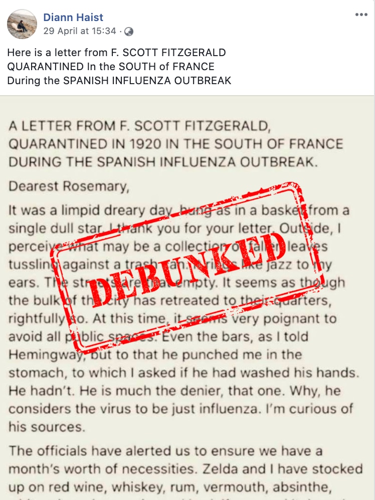 A Facebook post with a satirical letter purporting to be from F. Scott Fitzgerald, with a debunked stamp on top