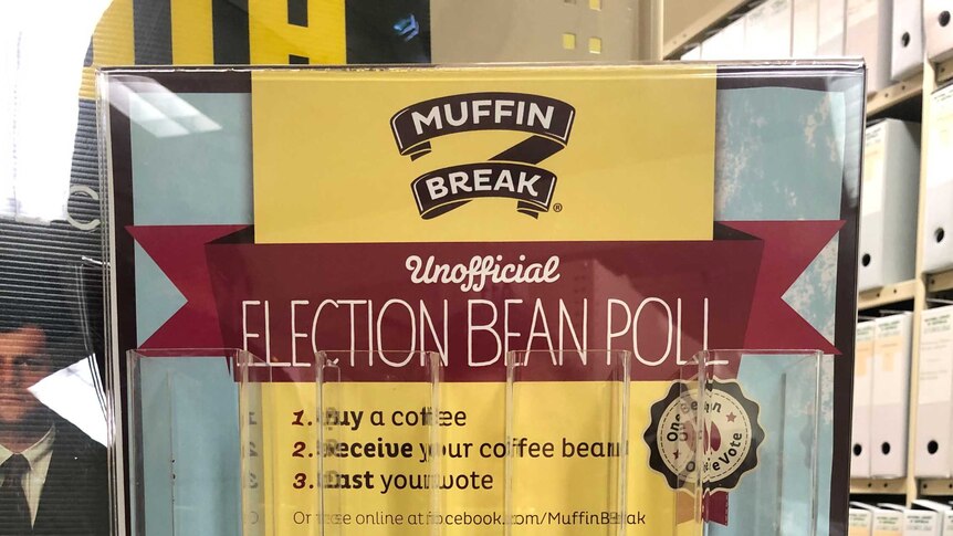 Muffin Break election gimmick with beans in different columns for different parties.