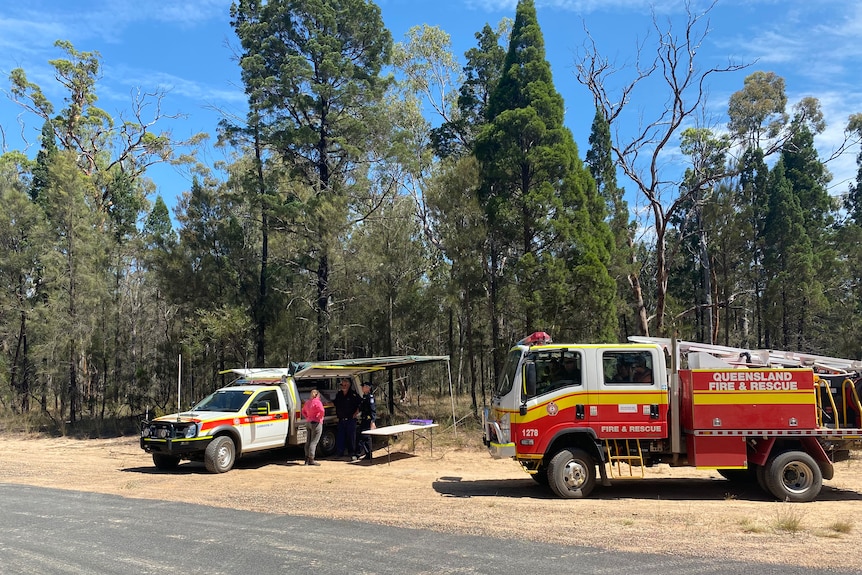 A fire truck and a fire ute on a road near bushland.