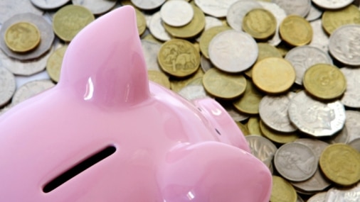 A piggy bank sits on a pile of Australian coins