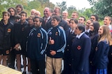 Students in the Clontarf boys program pose with Barnaby Joyce and Nigel Scullion