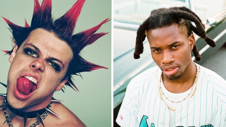 Composite image of British artist Yungblud and American rapper Denzel Curry; Yungblud with punk hairstyle, strawberry in mouth