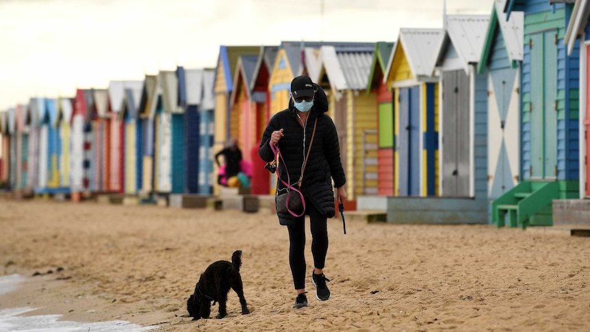 A woman walks her dog past colourful beach huts, wearing a mask, on a grey day