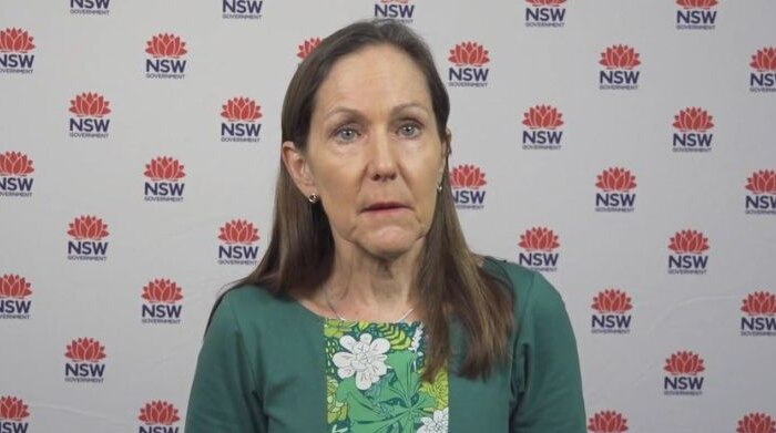 A woman with brown hair and a green shirt against a NSW Government backdrop
