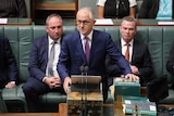 Malcolm Turnbull stands at the despatch box, his hand on a stack of books. Behind him Barnaby Joyce and Christopher Pyne look on