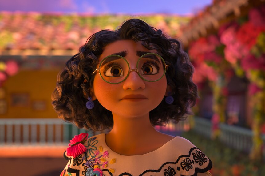 An animated girl with tan skin, short curly brown hair and green glasses looks off screen, eyes wide with hope and hesitation.