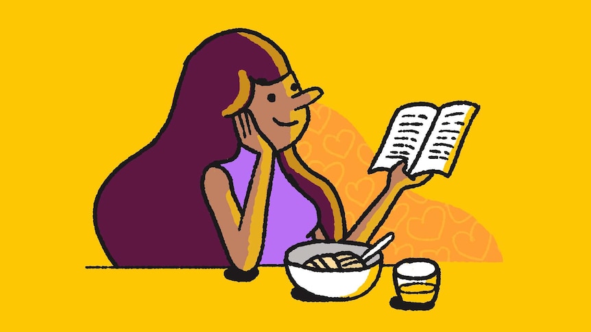 An illustration of a woman eating dinner by herself while reading to depict the joys of spending time on your own.