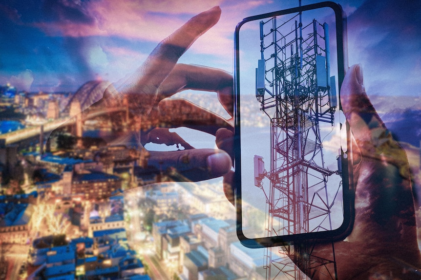 Compile photo of a hand holding a mobile phone with a phone tower image on it