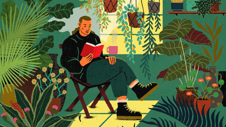 A man sits reading a book near a window in a room full of plants. 