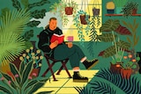 A man sits reading a book near a window in a room full of plants. 