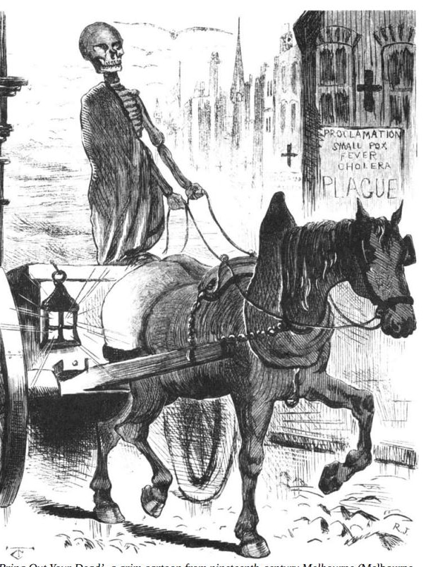 A sketch shows the grim reaper in a horse and cart beside a sign reading 'SMALL BOX, FEVER, CHOLERA, PLAGUE'.