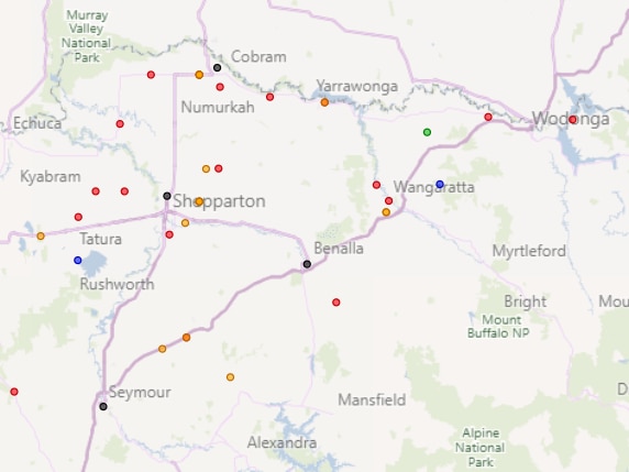 A map showing the locations of fatal accidents in the Goulburn Valley and Ovens Murray