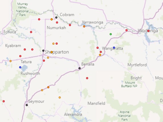 A map showing the locations of fatal accidents in the Goulburn Valley and Ovens Murray