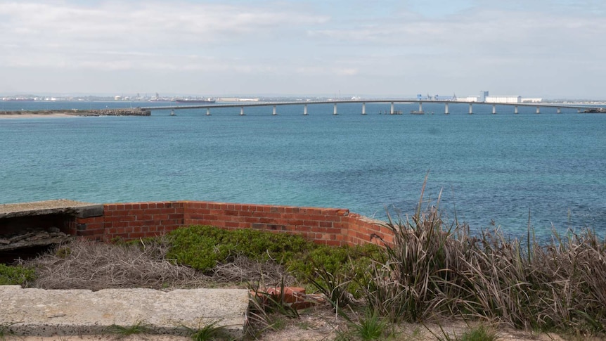 Garden Island — the remains of a WWII battery face the new causeway bridge.