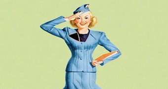 A flight attendant in a 1970s inspired uniform.