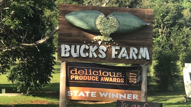 An entrance to a farm that says Buck's Farm.