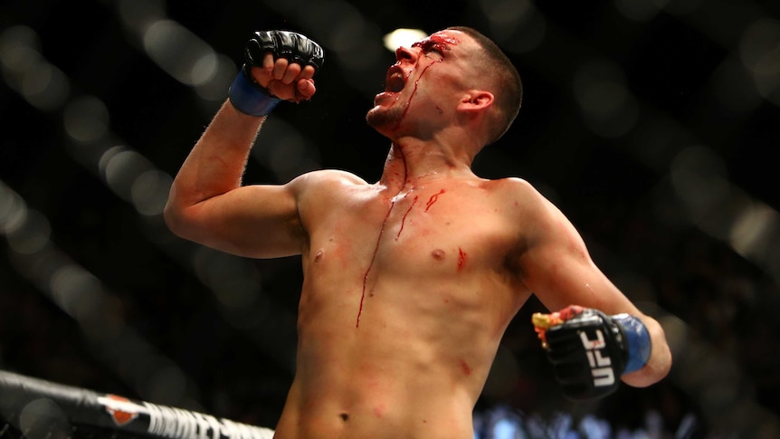 Nate Diaz celebrates after his win over Conor McGregor at UFC 196 in Las Vegas on March 5, 2016.