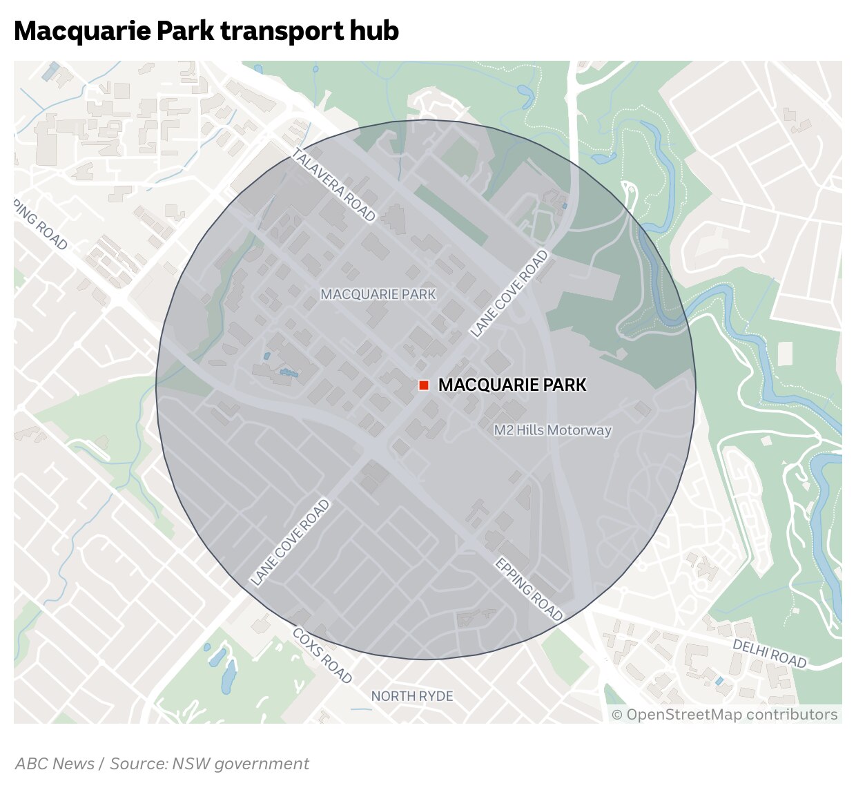 Map showing 1200m zone around Macquarie Park station.