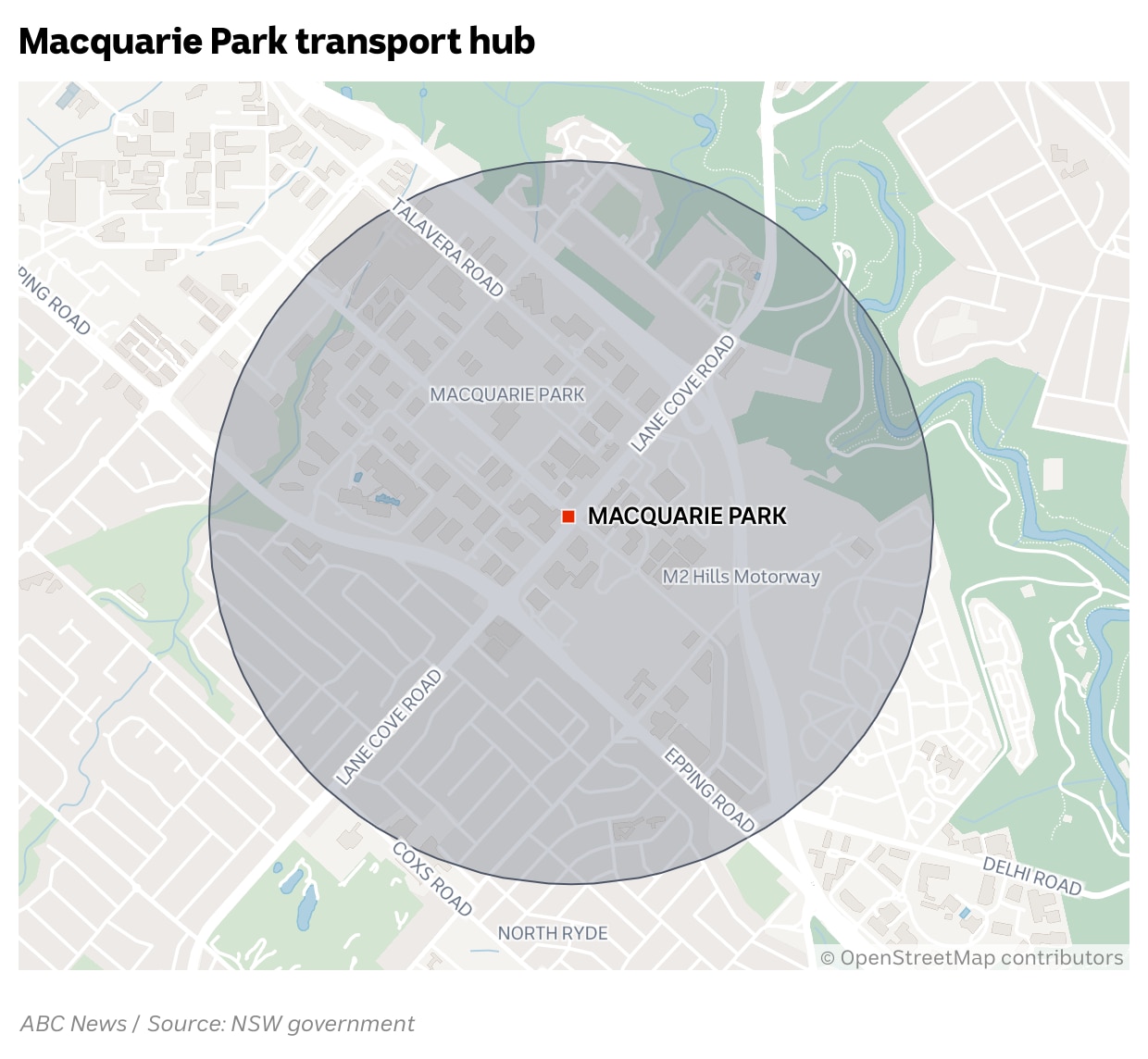 Map showing 1200m zone around Macquarie Park station.