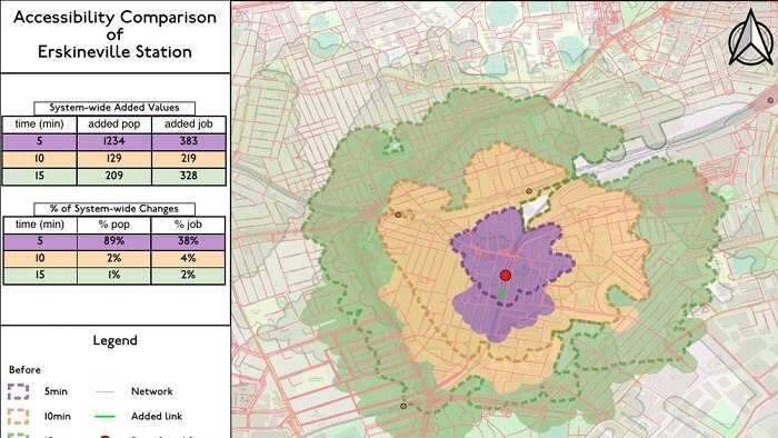 Map of streets around Erskinville Station in Sydney showing how long it takes to walk there.