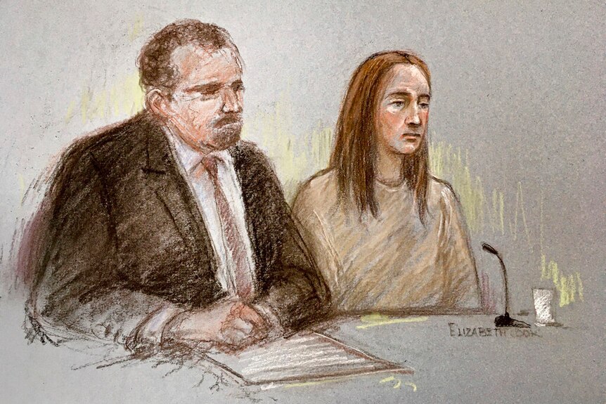 You view a court sketch of a woman with brown hair in beige prison clothing sitting next to a lawyer in a black suit.