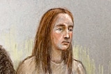 A court sketch of a woman with brown hair wearing beige prison clothing who is sitting next to a lawyer in a black suit.