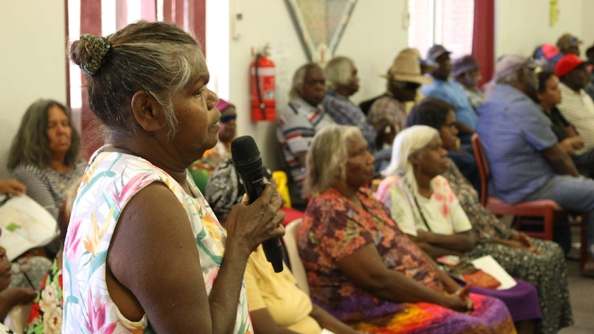 A group of Indigenous people sit in a room, one of them holding and speaking into a microphone.