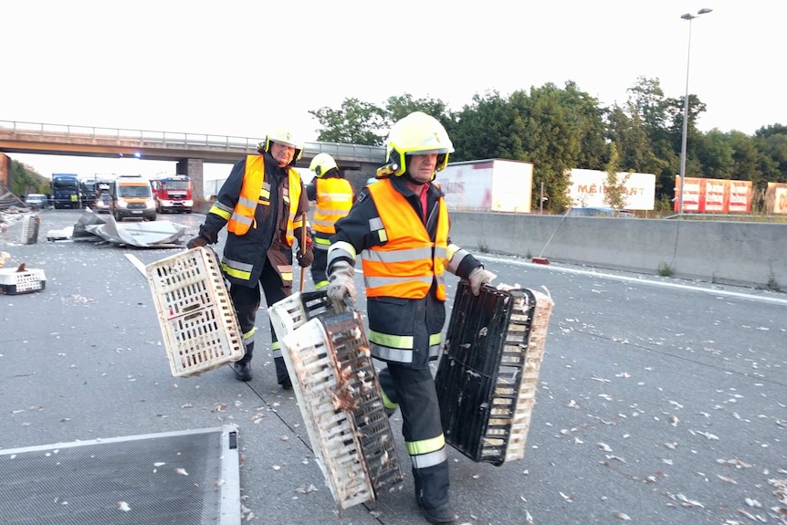 Austrian firefighters carrying crates as part of motorway clean up.
