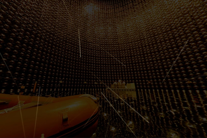 Illustration of particles flying through a giant detector tank lined with lightbulbs.