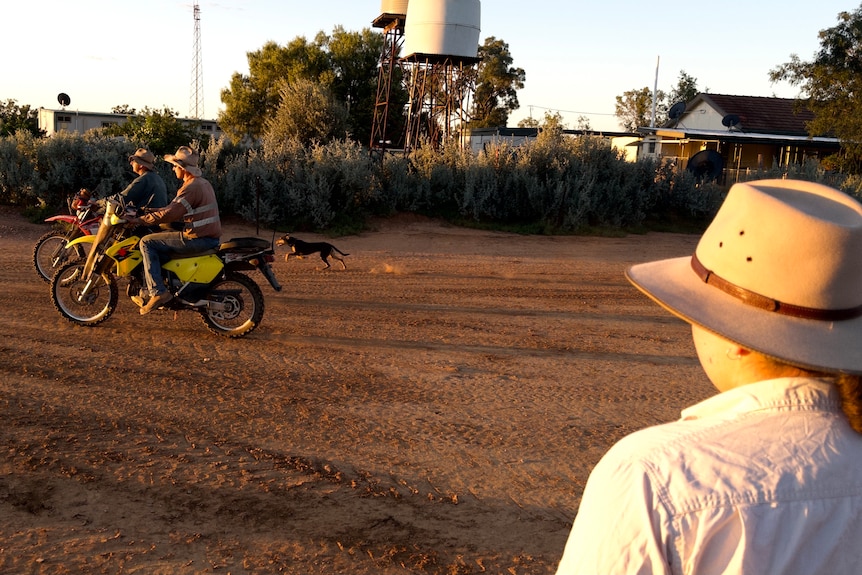 A young girl watches two men ride motorbikes alongside a dog.