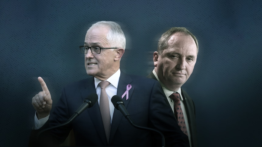 A designed image showing Malcolm Turnbull gesturing with his finger and Barnaby Joyce  looking downcast.