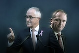 A designed image showing Malcolm Turnbull gesturing with his finger and Barnaby Joyce  looking downcast.
