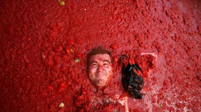 A reveller is covered in tomato pulp during the annual tomato fight in the Spanish village of Bunol
