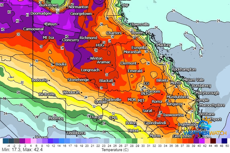 A map showing high temperatures across Queensland