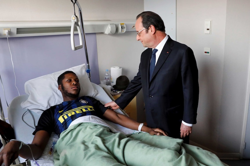 President Francois Hollande meets alleged victim Theo in a Paris hospital.