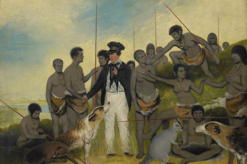 The Conciliation 1840 by Benjamin Duterrau shows George Augustus Robinson with a group of Tasmanian Aboriginal people