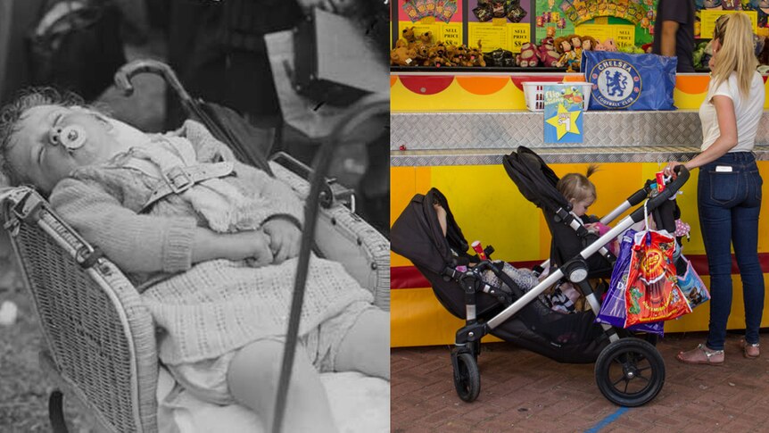 A girl sleeps in a cane pram in 1938; a double pram loaded with show bags in 2015.