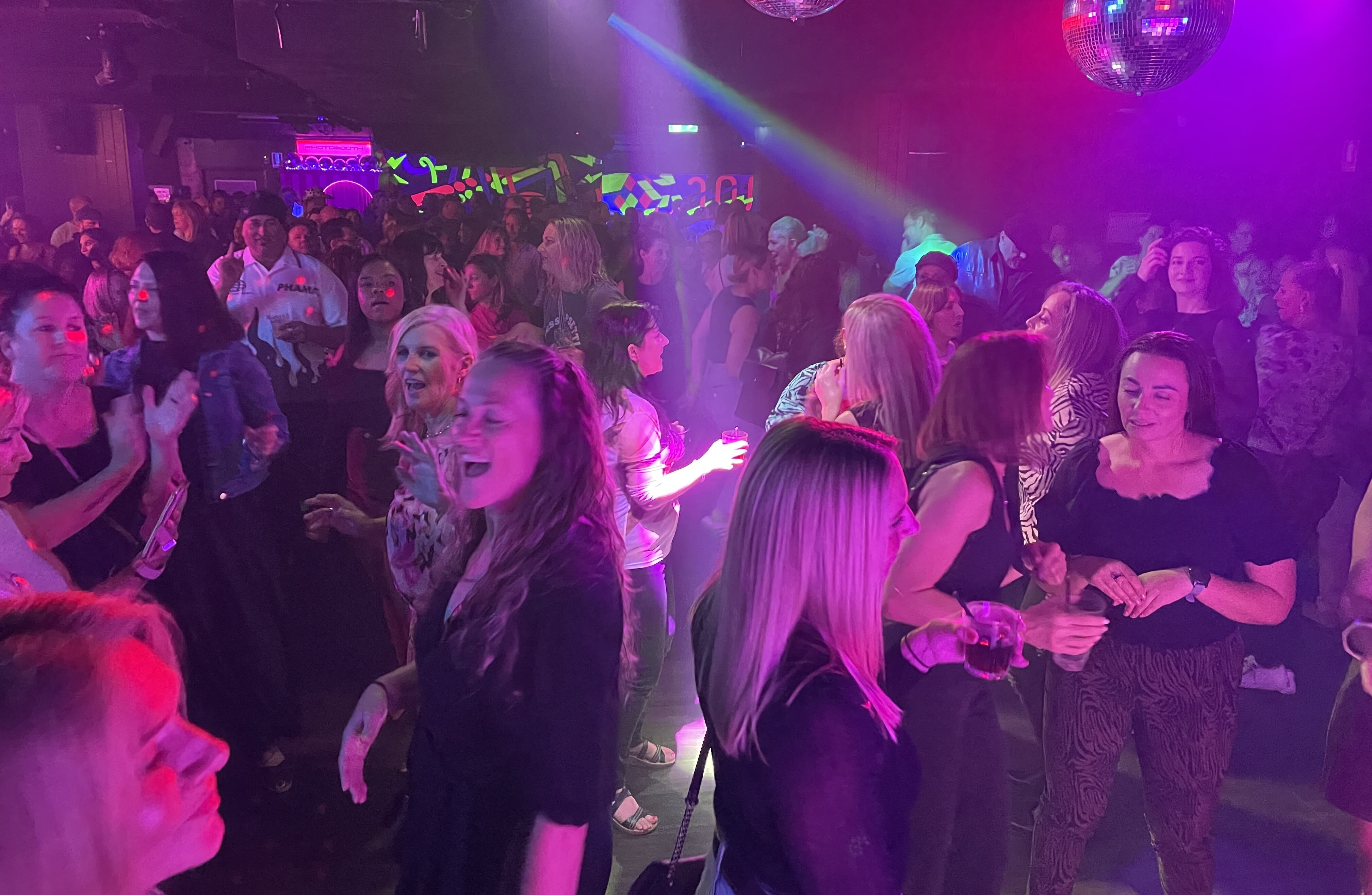 A crowd of dancers, mainly women.