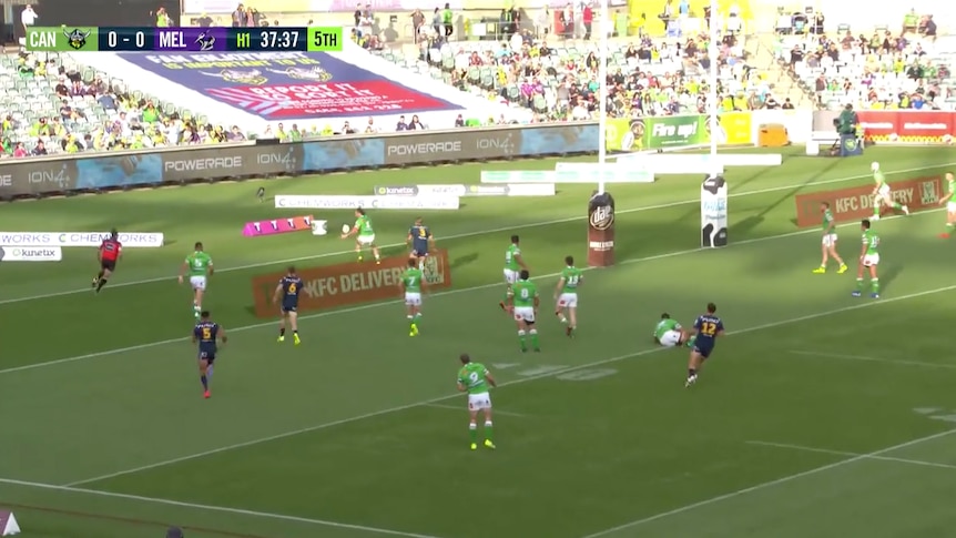 A screengrab of a TV broadcast showing how a rugby league player escapes the in-goal area