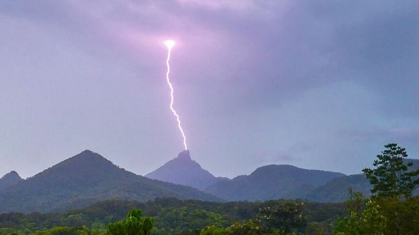 Lightning hits the top of Mt Warning.