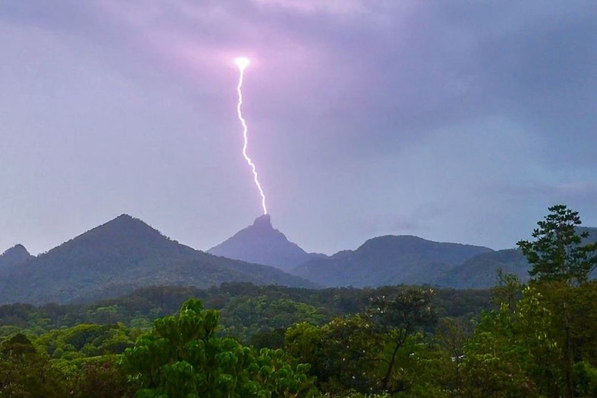 Lightning hits the top of Mt Warning.